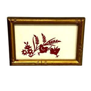 Miniature artwork gold framed red chicks and flowers farmhouse cottage chic